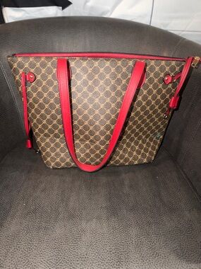 Brown Patterned Tote with Red Trim and Handles